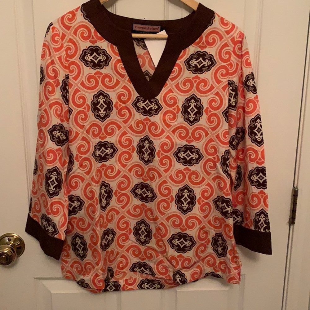 Vineyard Vines Brown Orange Tunic Cotton Blouse Top Sz M Paisley Diamond